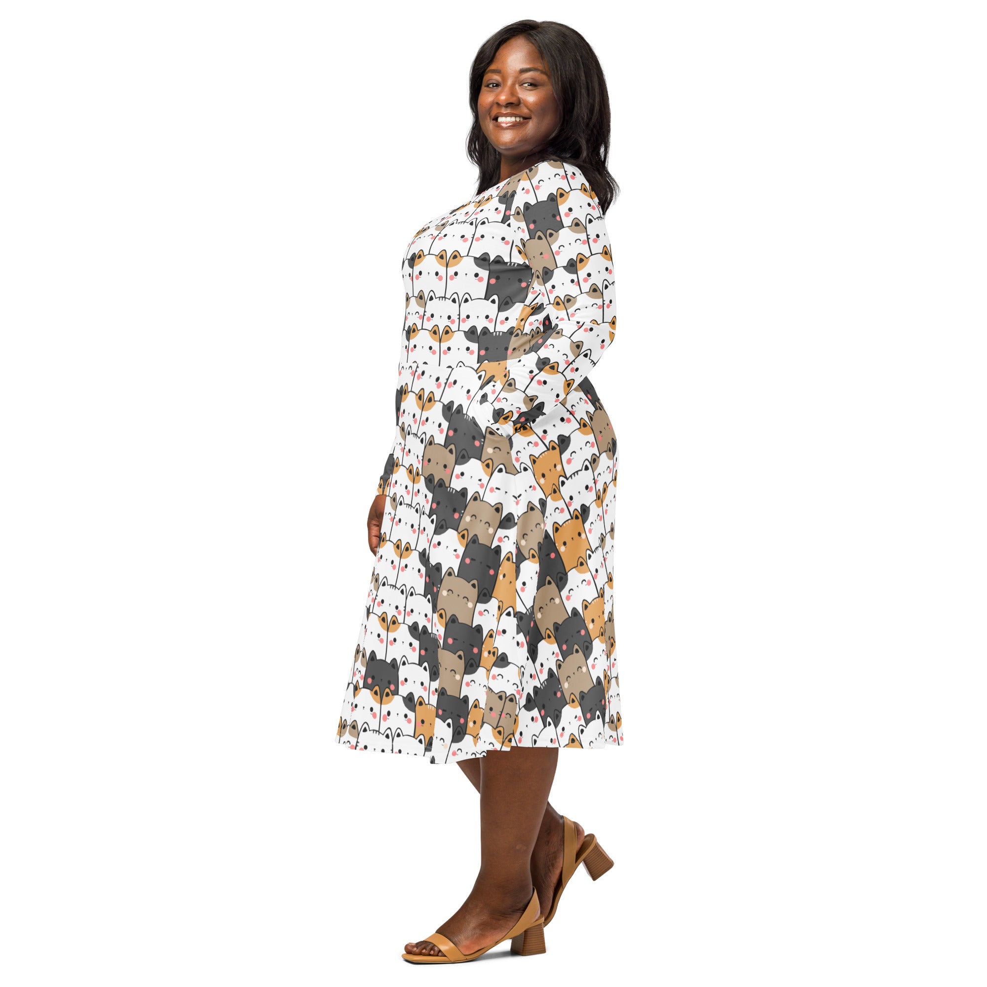 Women's Kawaii Cat Long Sleeve Midi Dress With Pockets