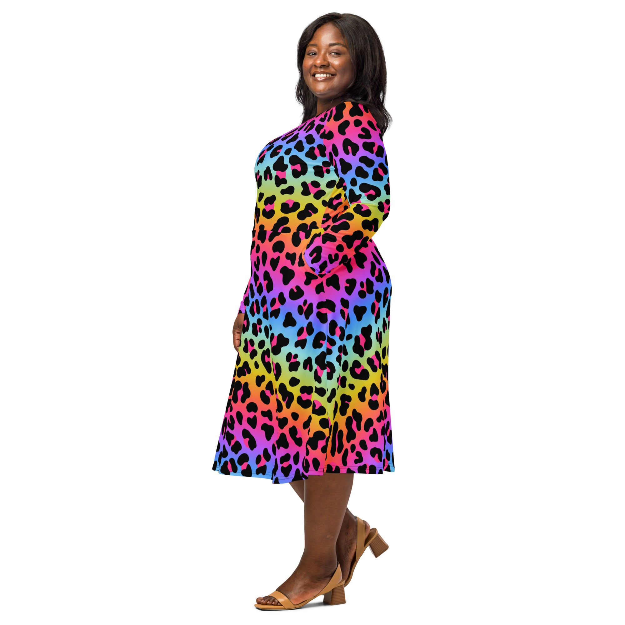 Women's Rainbow Leopard Long Sleeve Midi Dress With Pockets