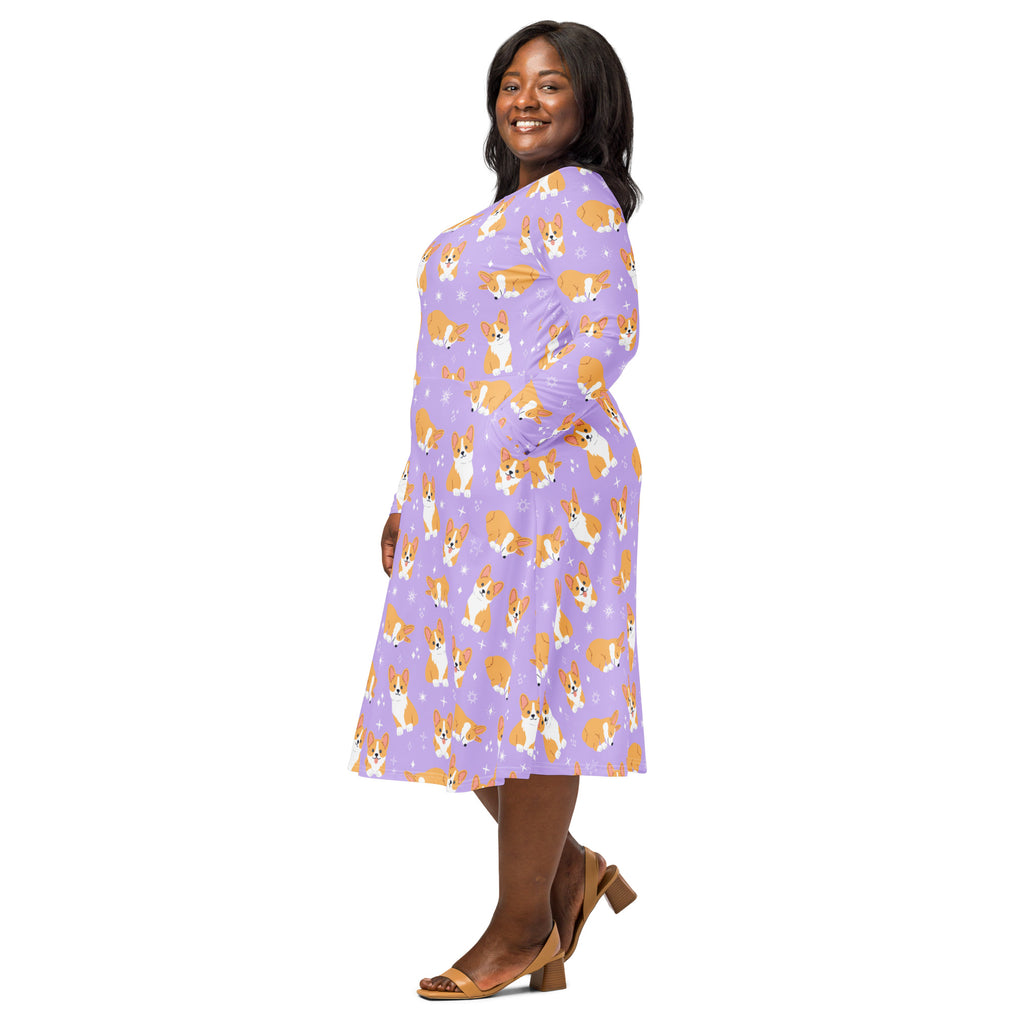 Women's Purple Corgi Dog Long Sleeve Midi Dress With Pockets