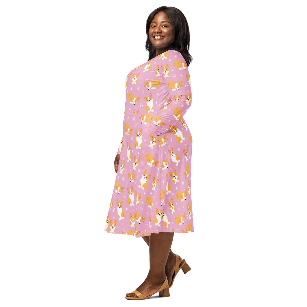 Women's Pink Corgi Dog Long Sleeve Midi Dress With Pockets