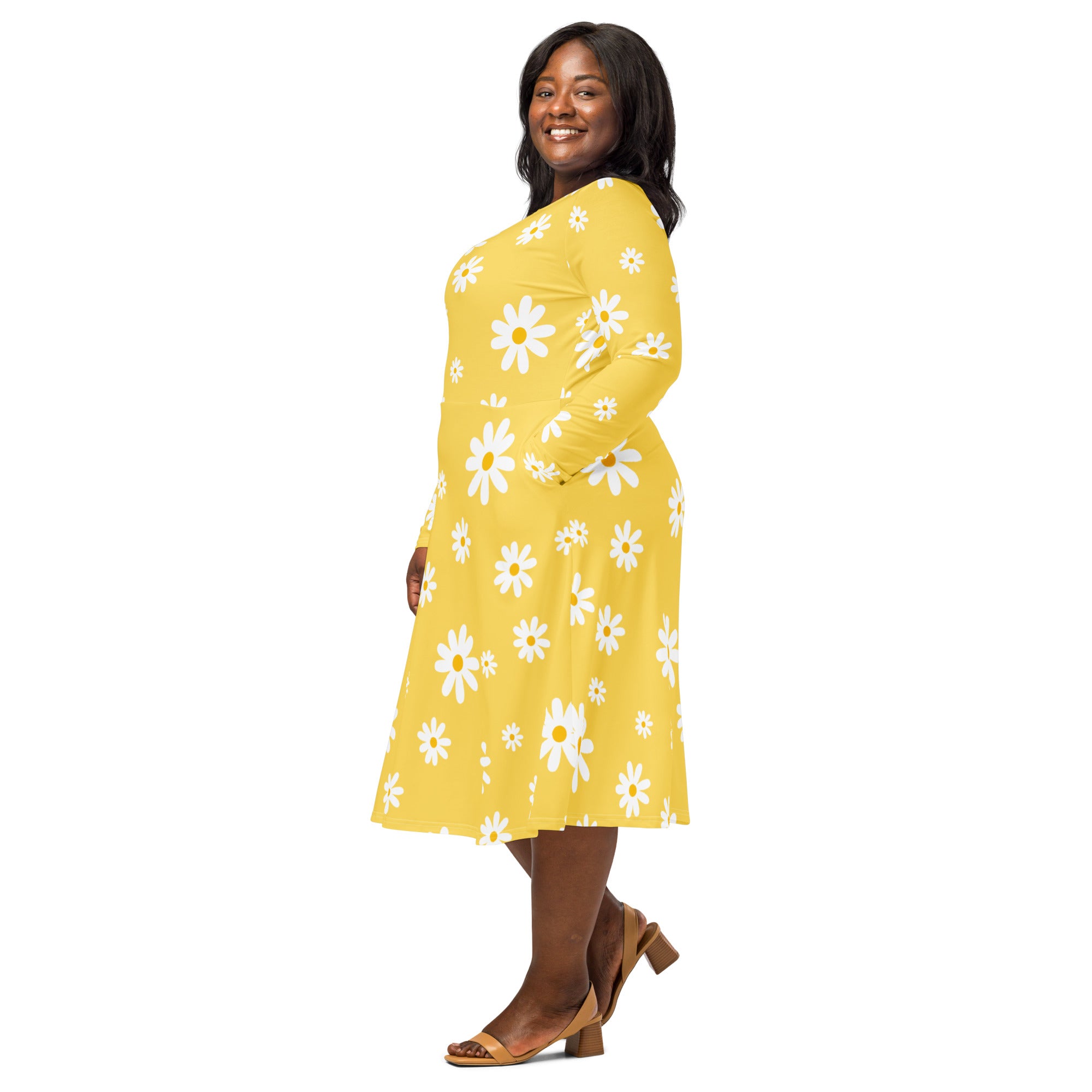 Women's Yellow Daisy Long Sleeve Midi Dress With Pockets