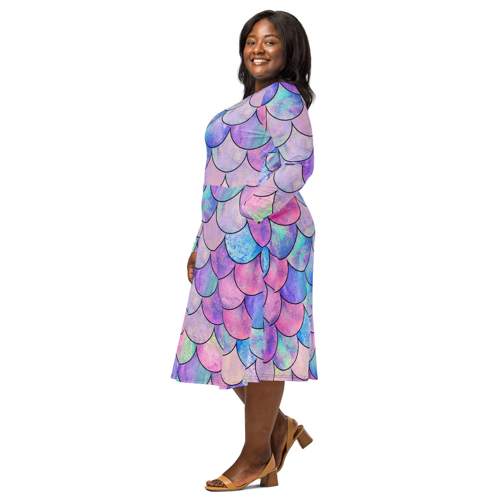 Women's Pastel Mermaid Long Sleeve Midi Dress With Pockets