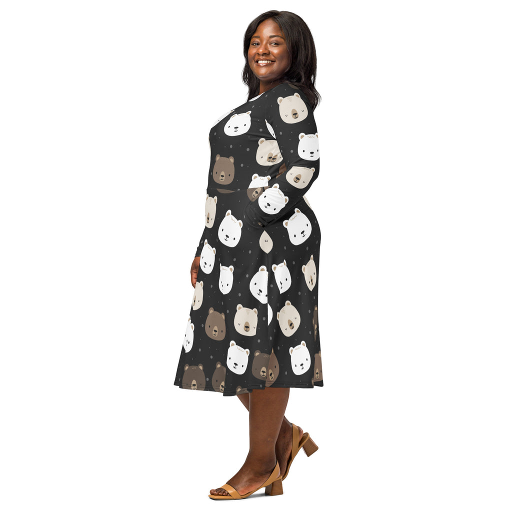 Women’s black midi dress with long sleeves and pockets featuring a playful white and brown bear face pattern on dark fabric