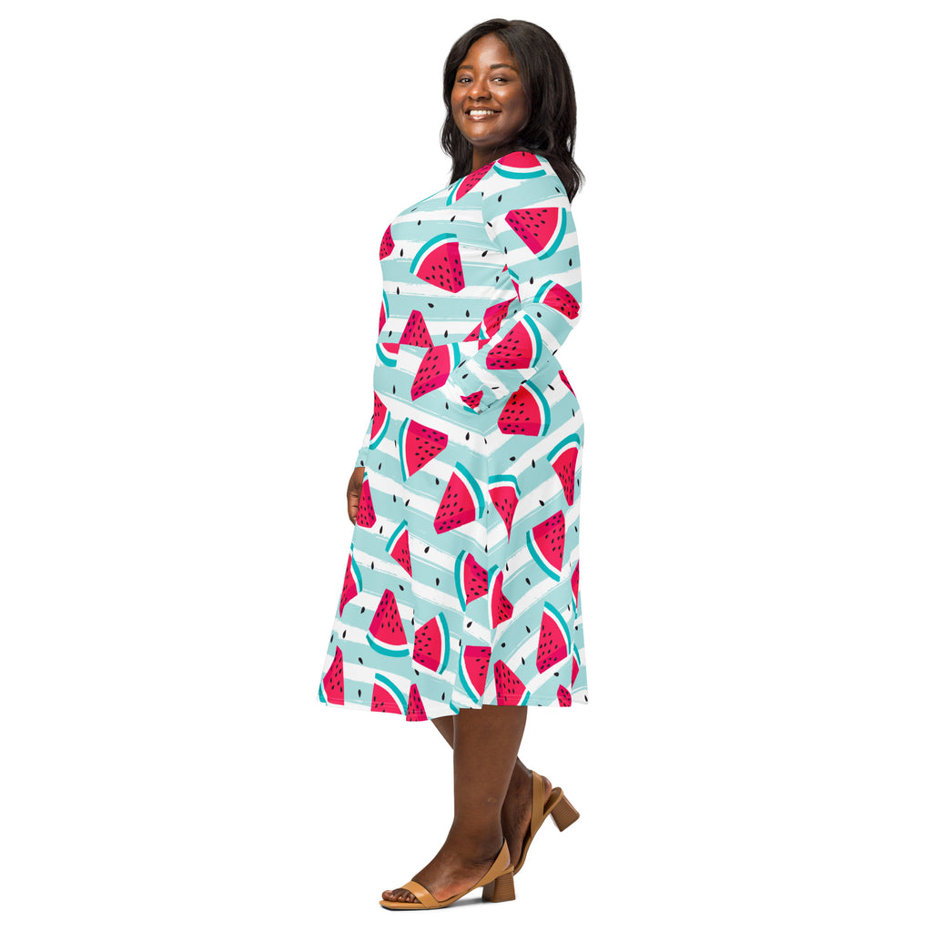 Women’s striped watermelon long sleeve midi dress with pockets featuring a vibrant teal white and red watermelon pattern