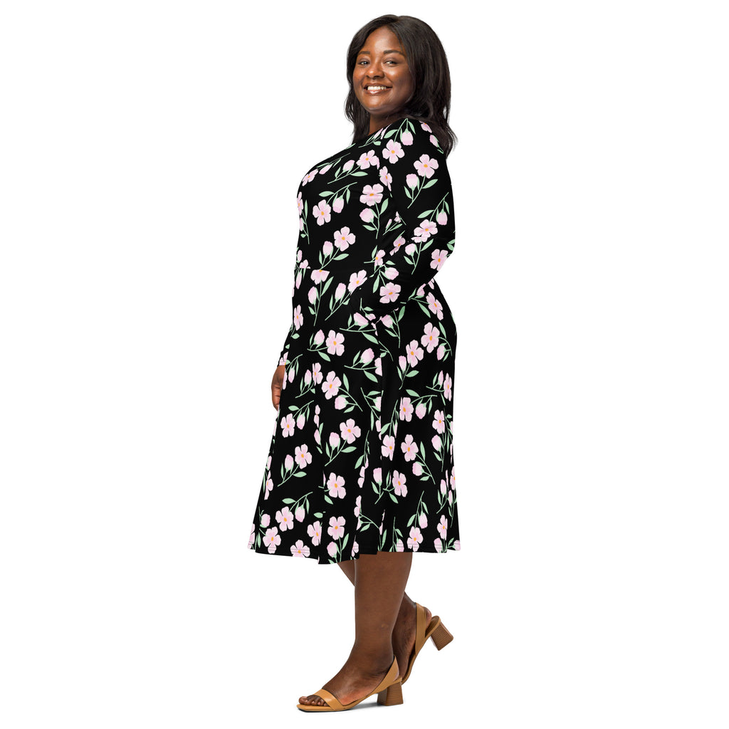 Women’s black floral long sleeve midi dress with pink blossoms green stems belted waist flared skirt and pockets