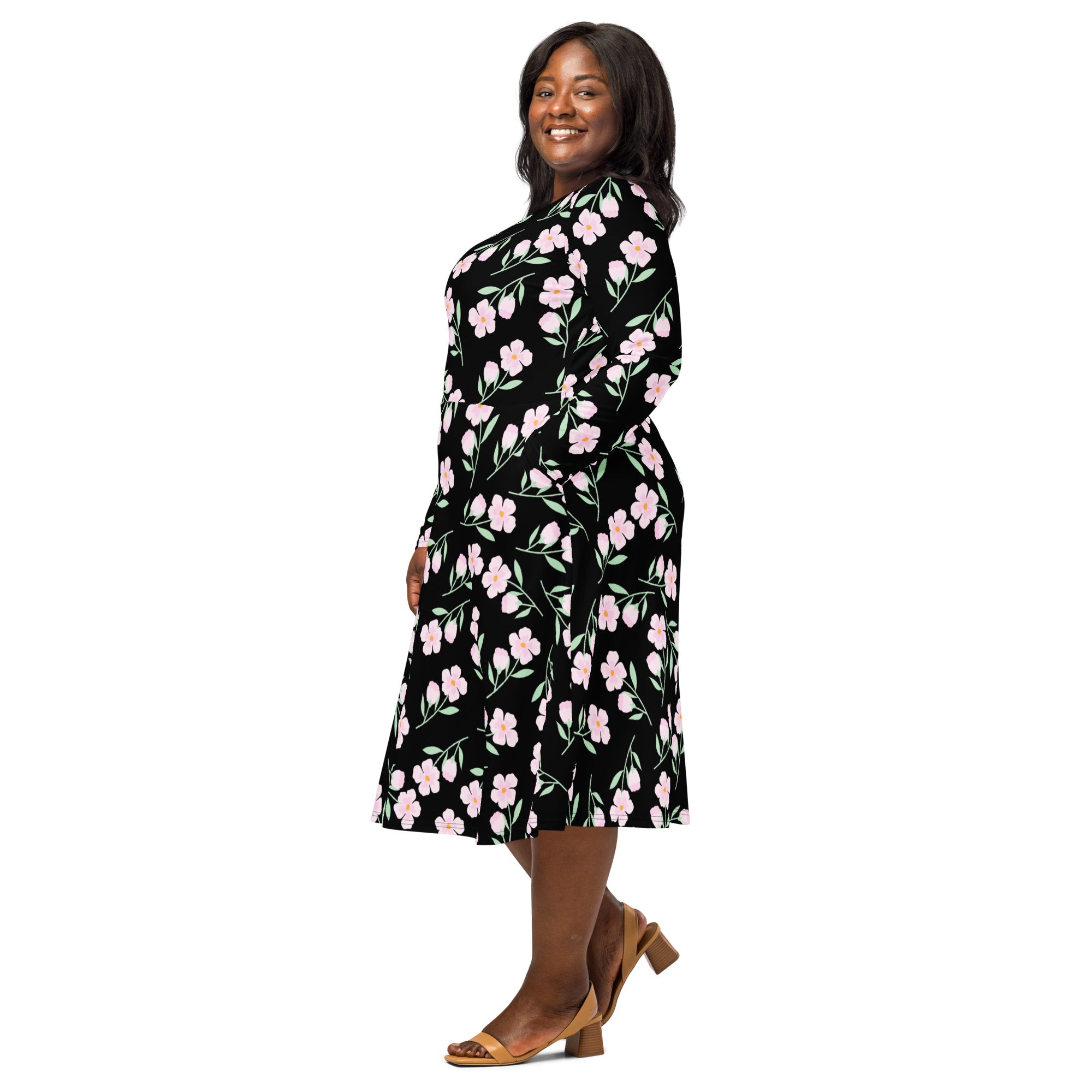 Women’s black floral long sleeve midi dress with pink blossoms green stems belted waist flared skirt and pockets
