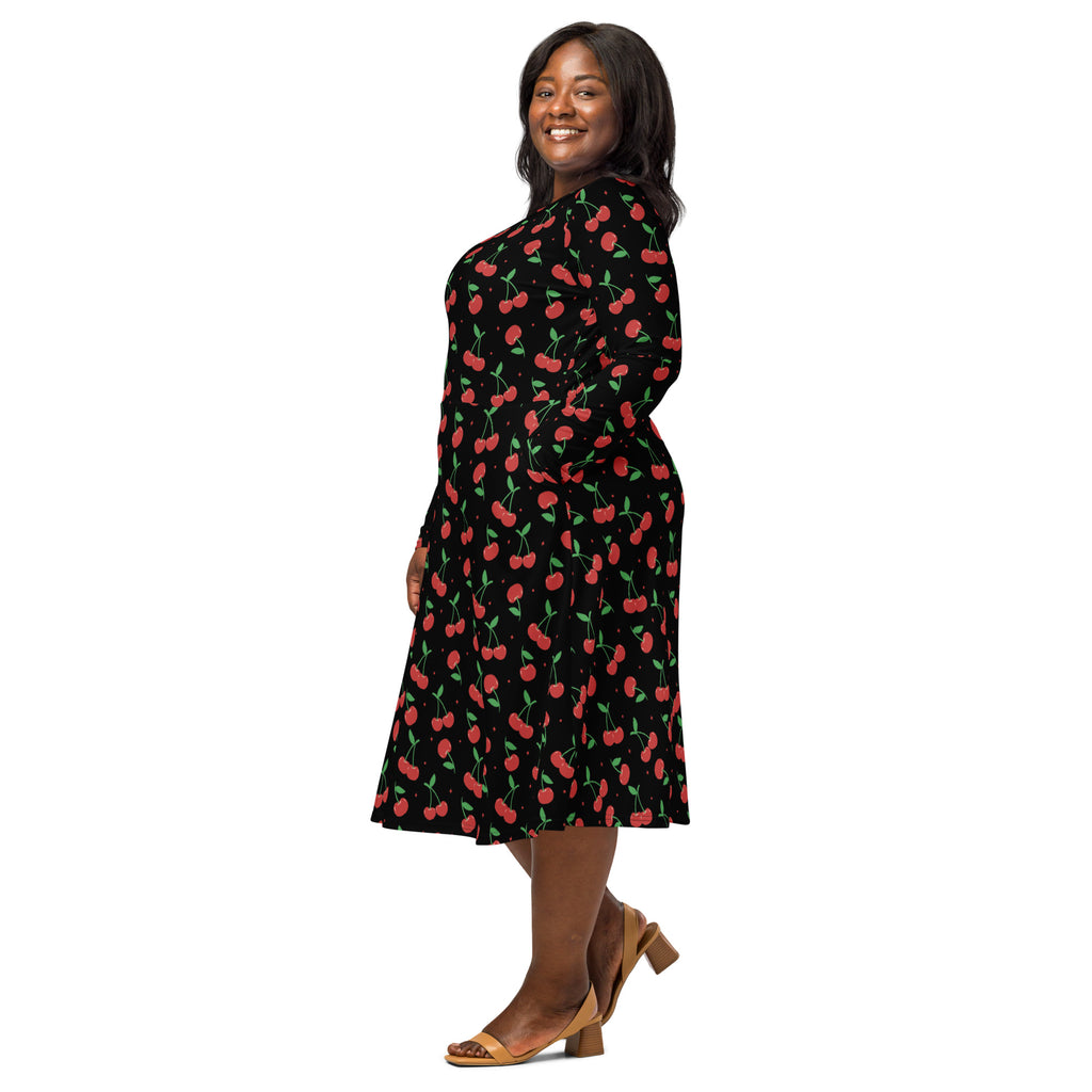 Women’s black cherry-print long sleeve midi dress with red fruit green stems and pockets perfect for casual wear