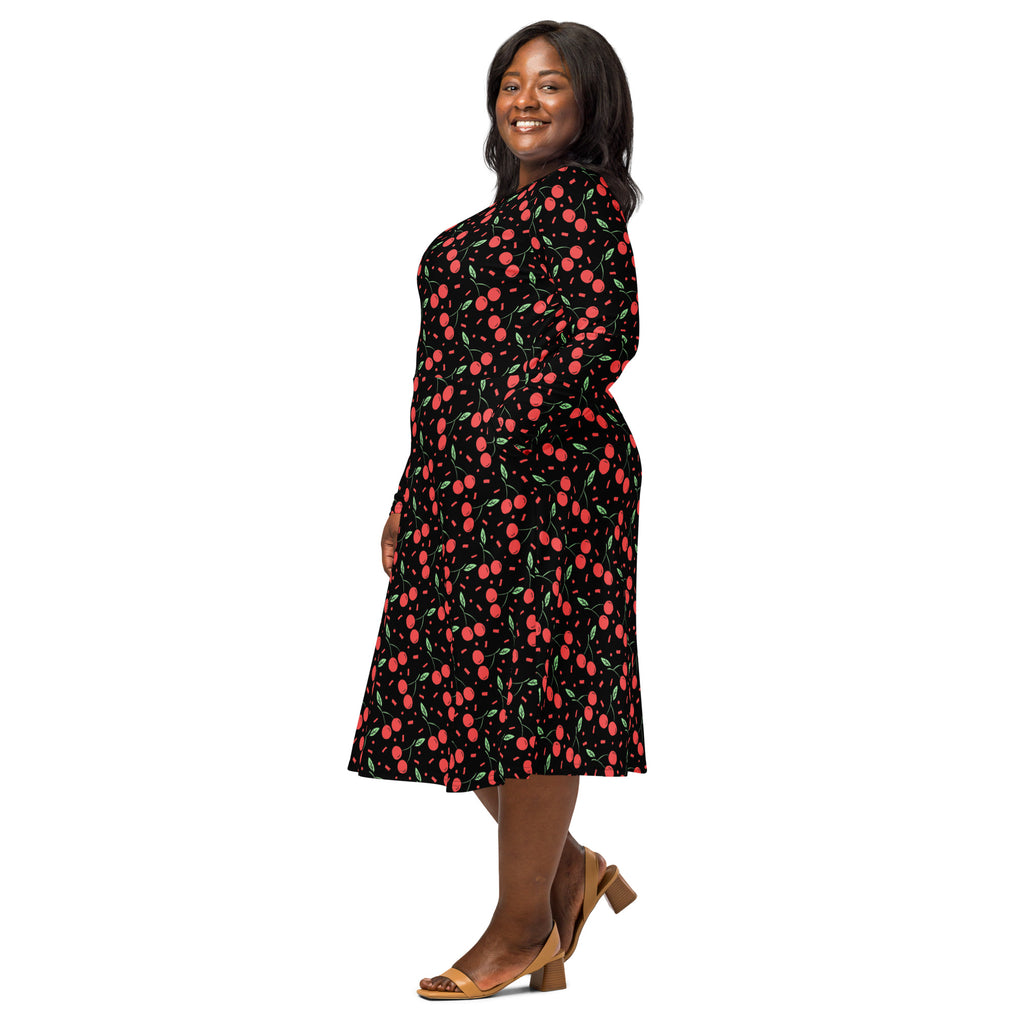 Women’s vintage black cherry-print long sleeve midi dress with pockets featuring red fruit and green leaf motifs