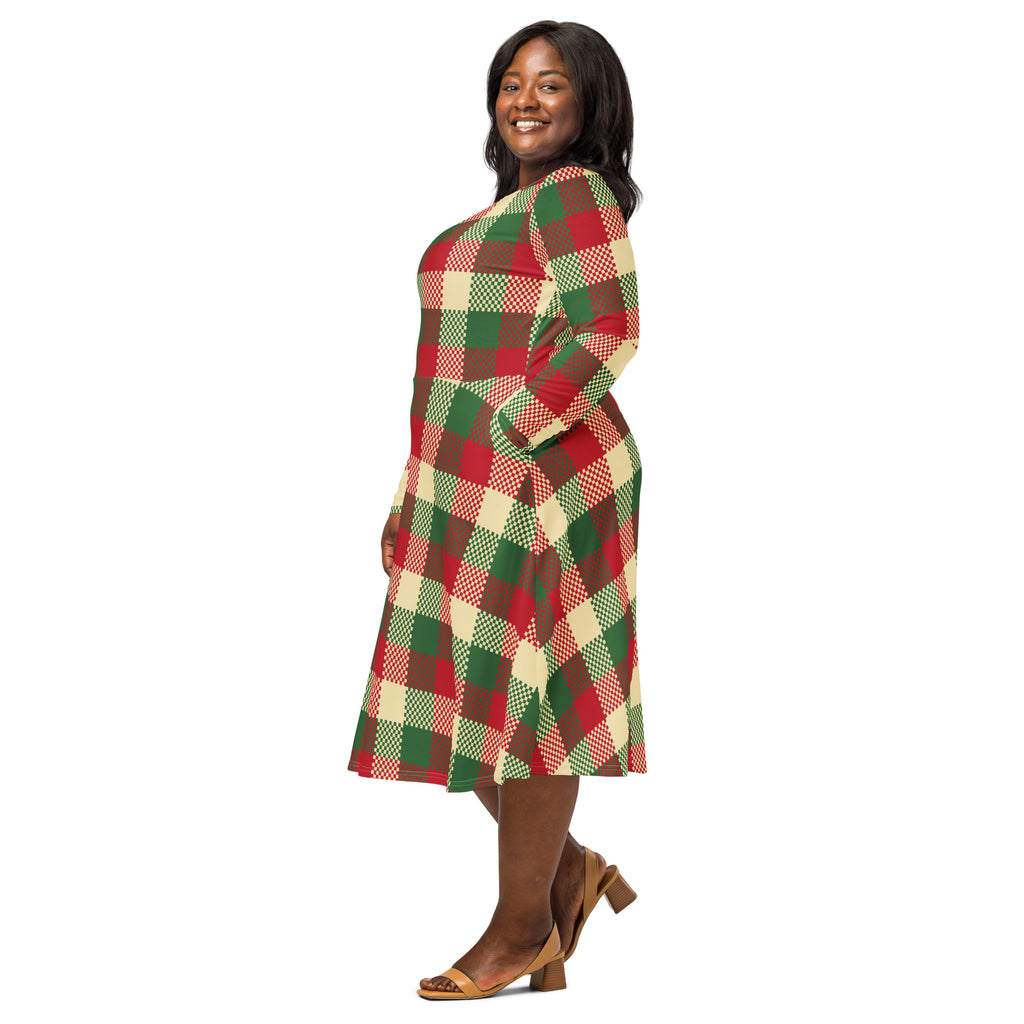 A plus-size woman wears a festive red green and cream plaid long sleeve midi dress with pockets and textured accents
