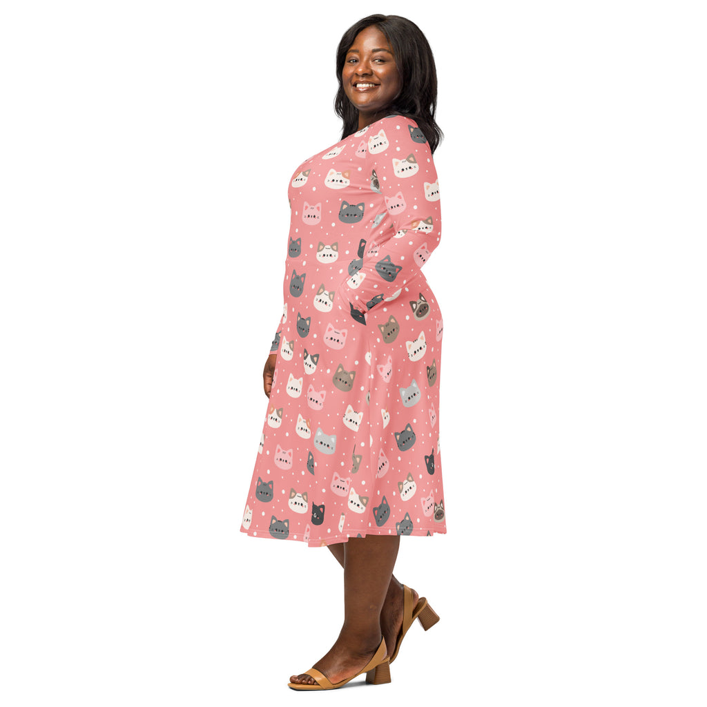 Women’s cute pink long sleeve midi dress with colorful cartoon cat faces, white polka dots, and pockets