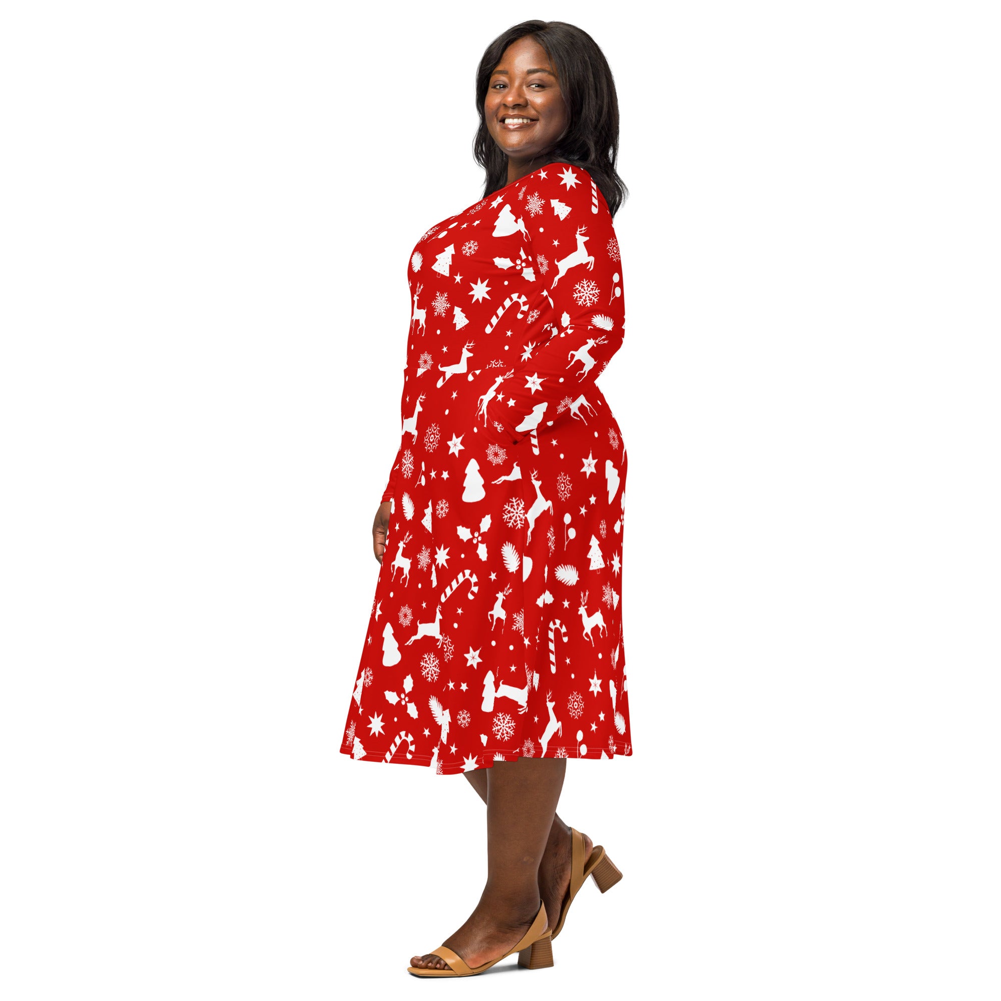 Women’s red christmas long sleeve midi dress with pockets featuring white reindeer snowflakes candy cane patterns