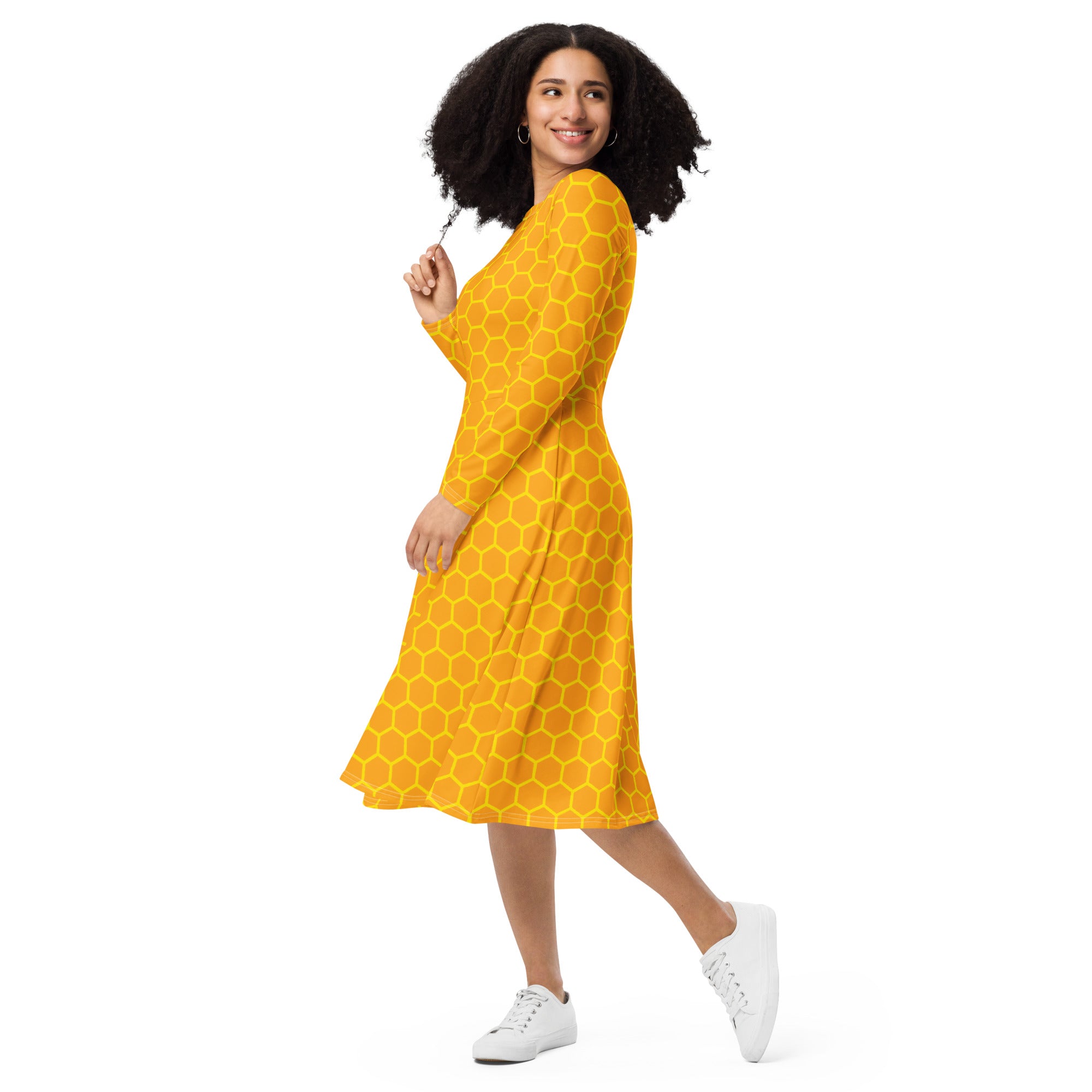 Women's Honeycomb Long Sleeve Midi Dress With Pockets
