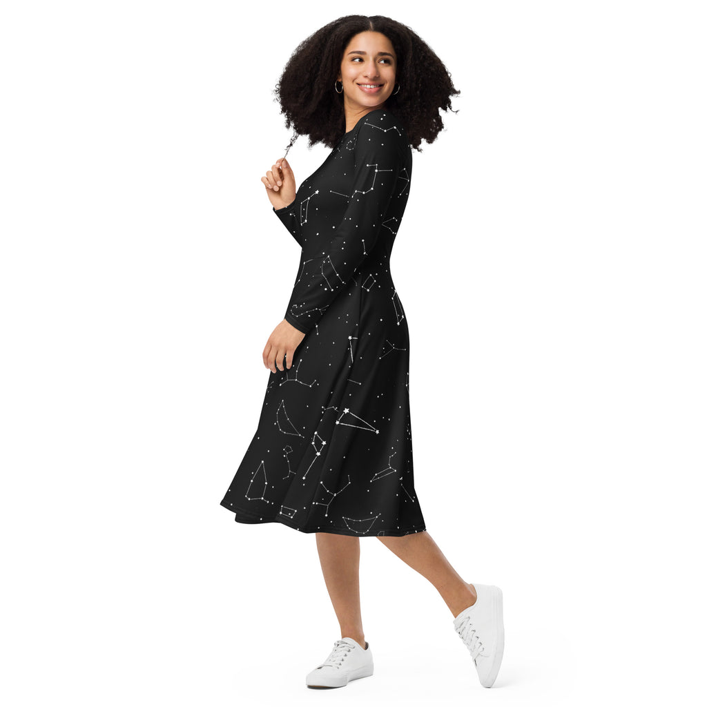 Women’s black midi dress with white realistic constellation patterns long sleeves and pockets