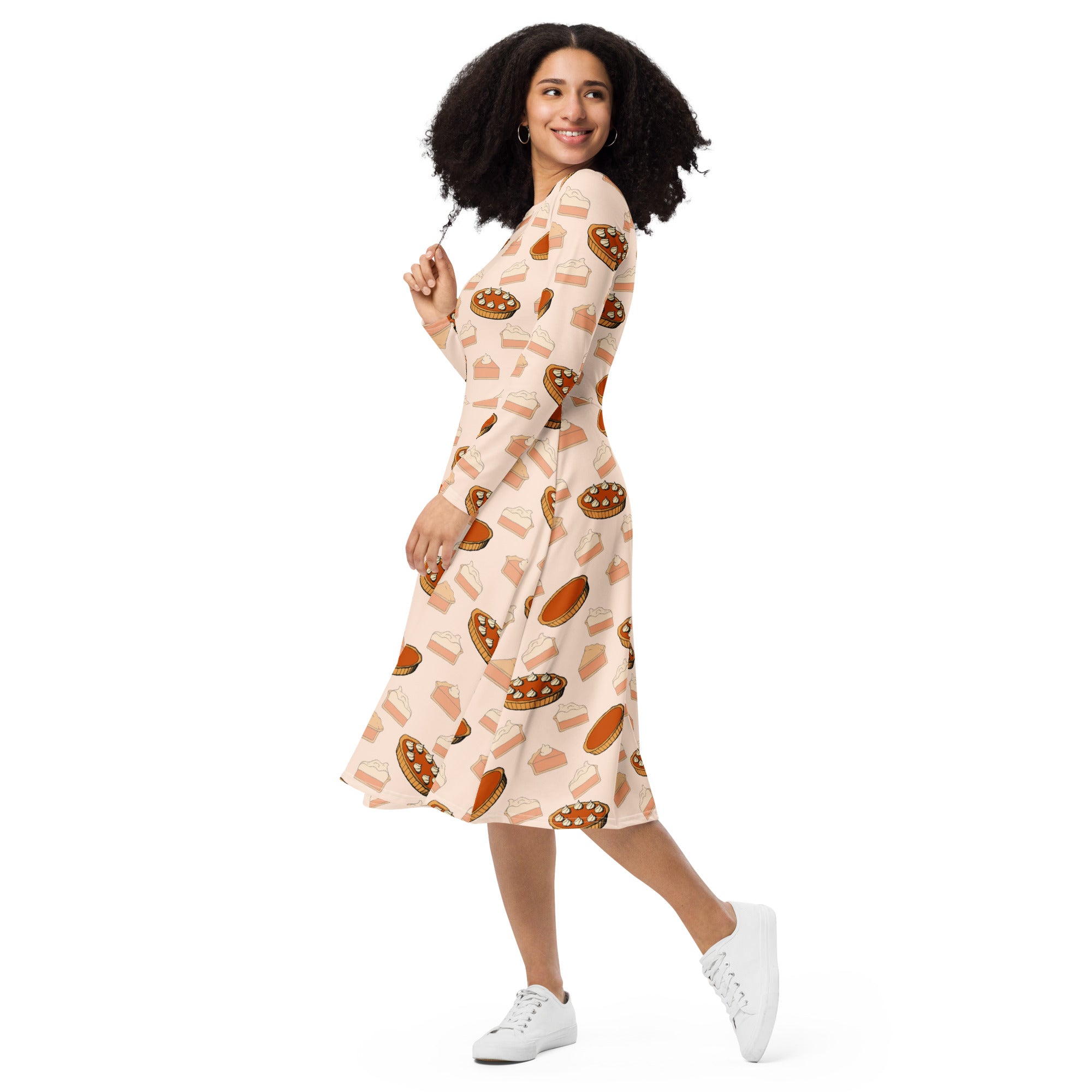 Women’s long-sleeved midi dress in soft beige fabric with pumpkin pie and dessert print and pockets for thanksgiving