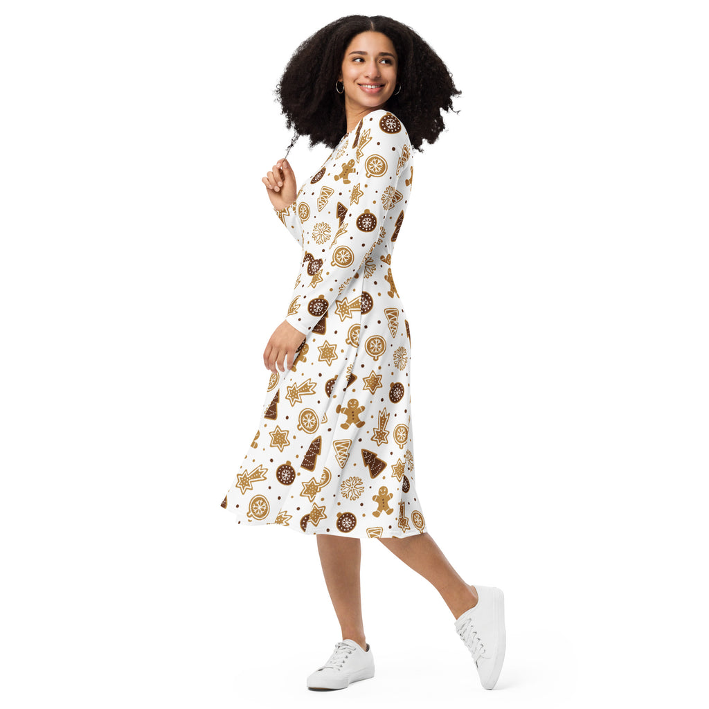White long sleeve midi dress with pockets featuring a festive brown gingerbread cookies star and ornament pattern