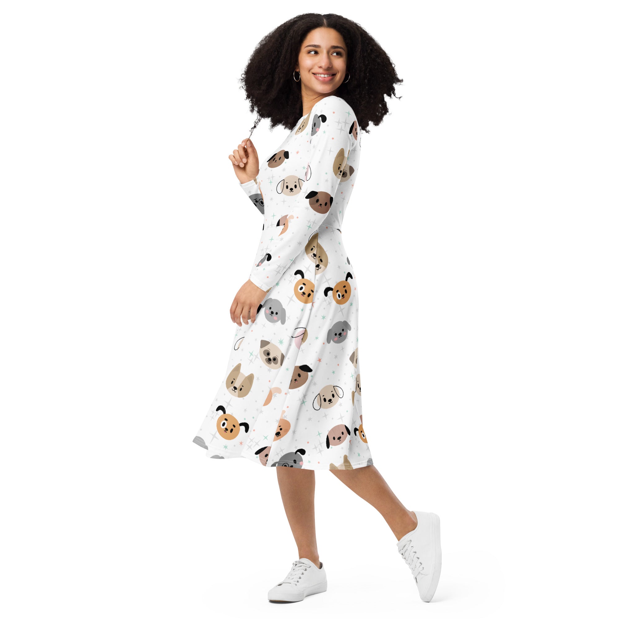 Women's Dog Face Long Sleeve Midi Dress With Pockets