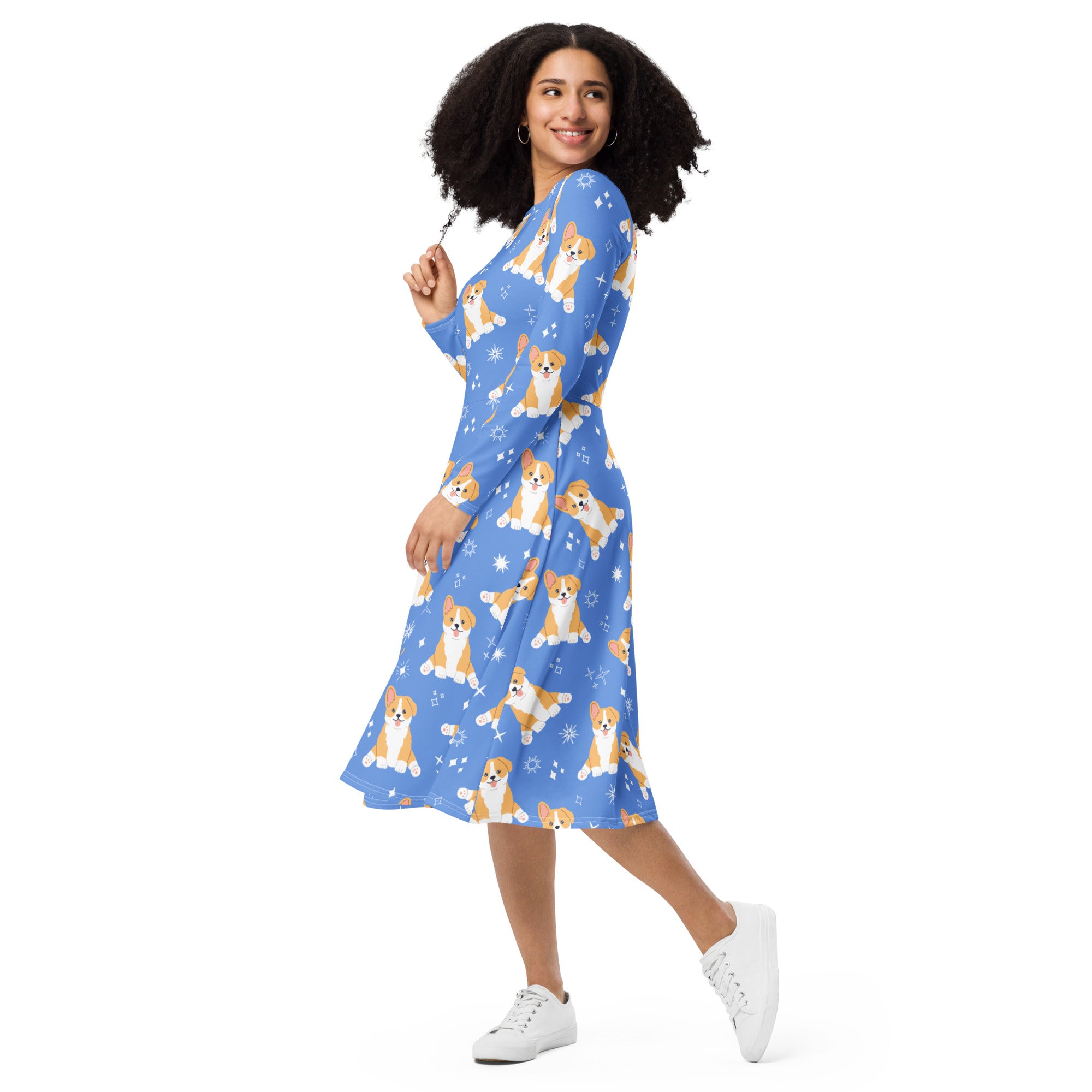 Women's Blue Corgi Dog Long Sleeve Midi Dress With Pockets