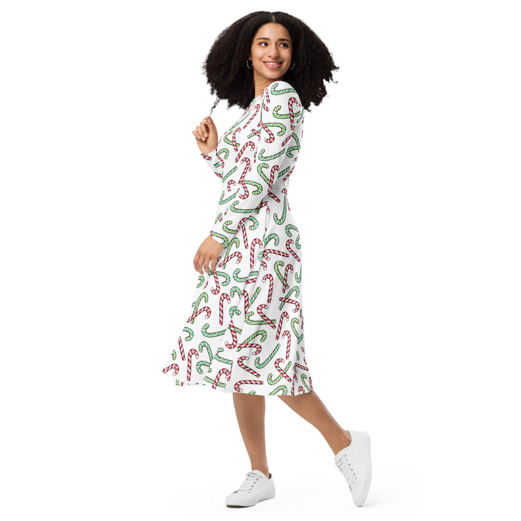Women's Red & Green Candy Cane Christmas Long Sleeve Midi Dress With Pockets