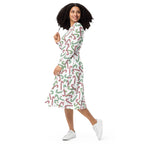 Women's Red & Green Candy Cane Christmas Long Sleeve Midi Dress With Pockets