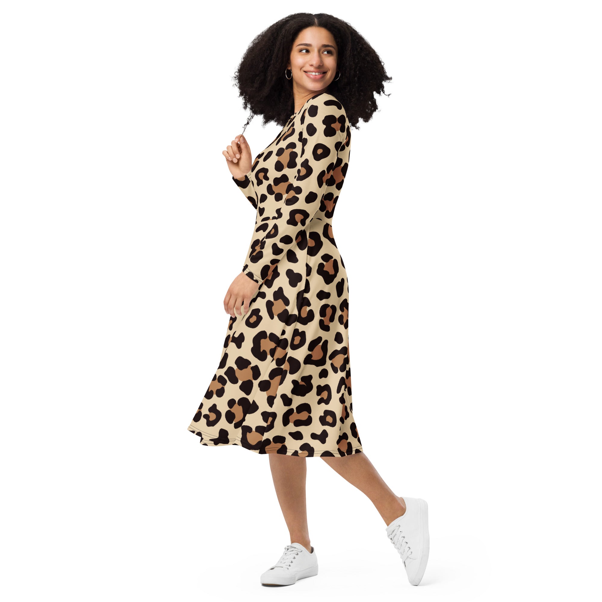 Women's Leopard Print Long Sleeve Midi Dress With Pockets