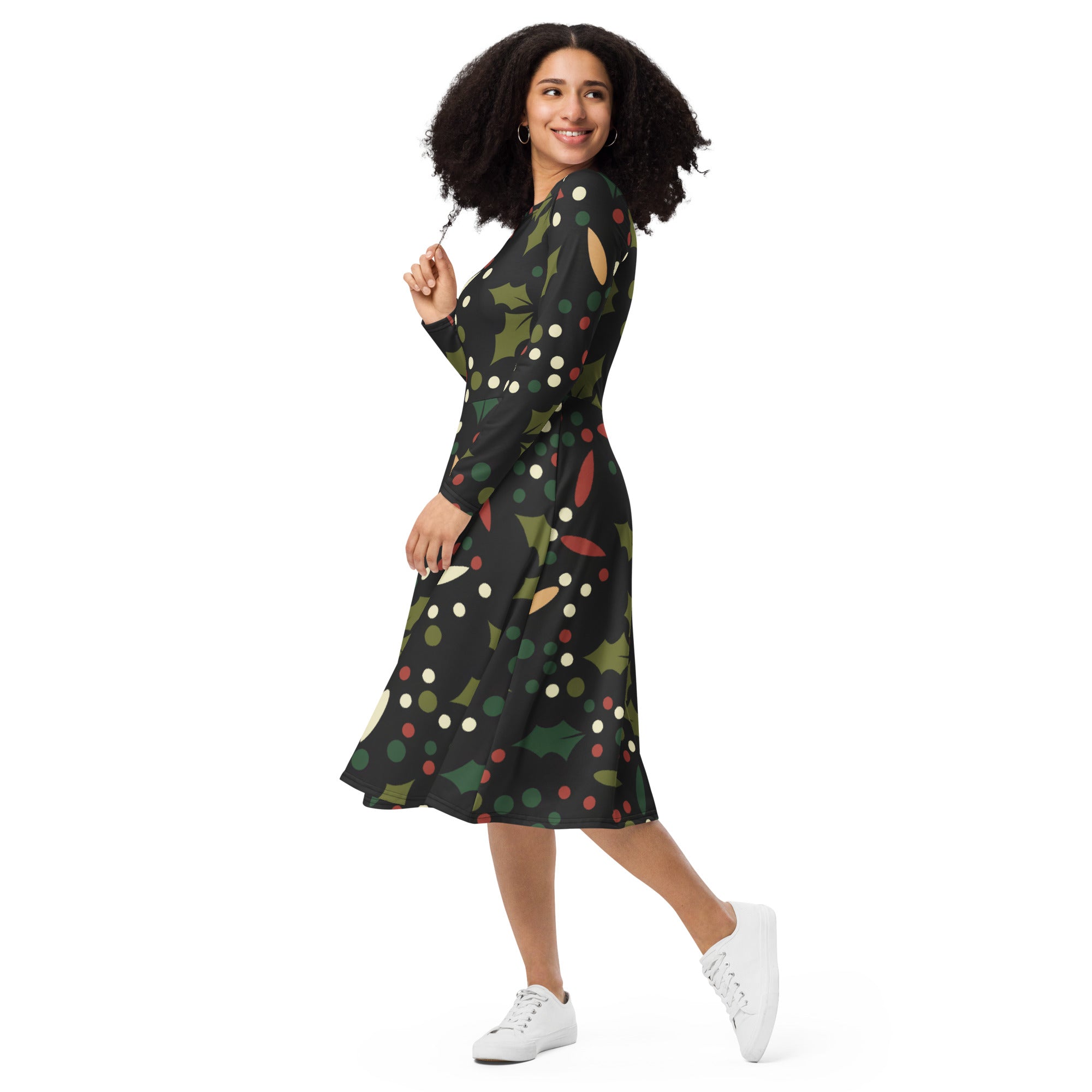 Women’s dark holly berry long sleeve midi dress in black with green holly leaves red berries and multicolored polka dots