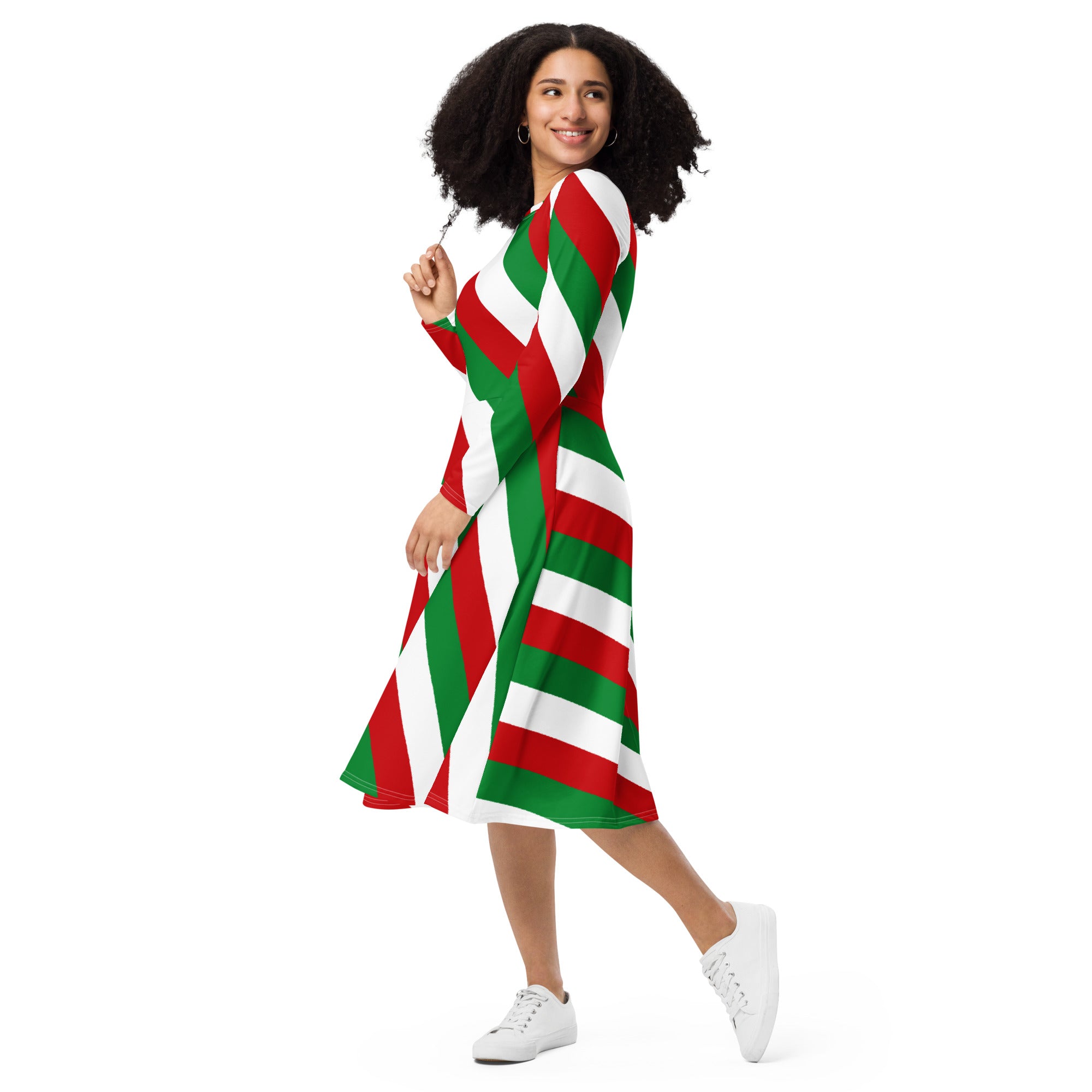 Women’s christmas candy cane stripe long sleeve midi dress with pockets featuring bold red green and white diagonal stripes