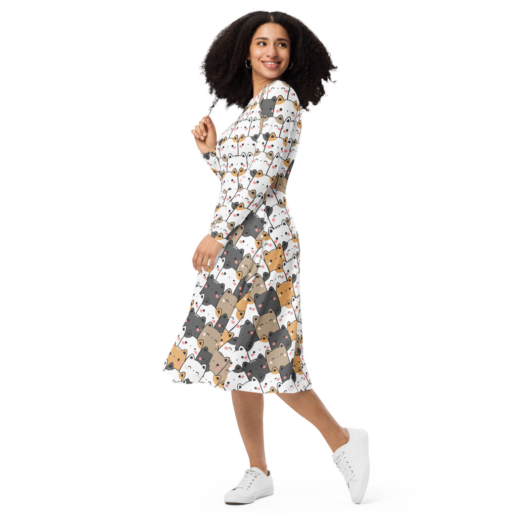 Women's Kawaii Cat Long Sleeve Midi Dress With Pockets