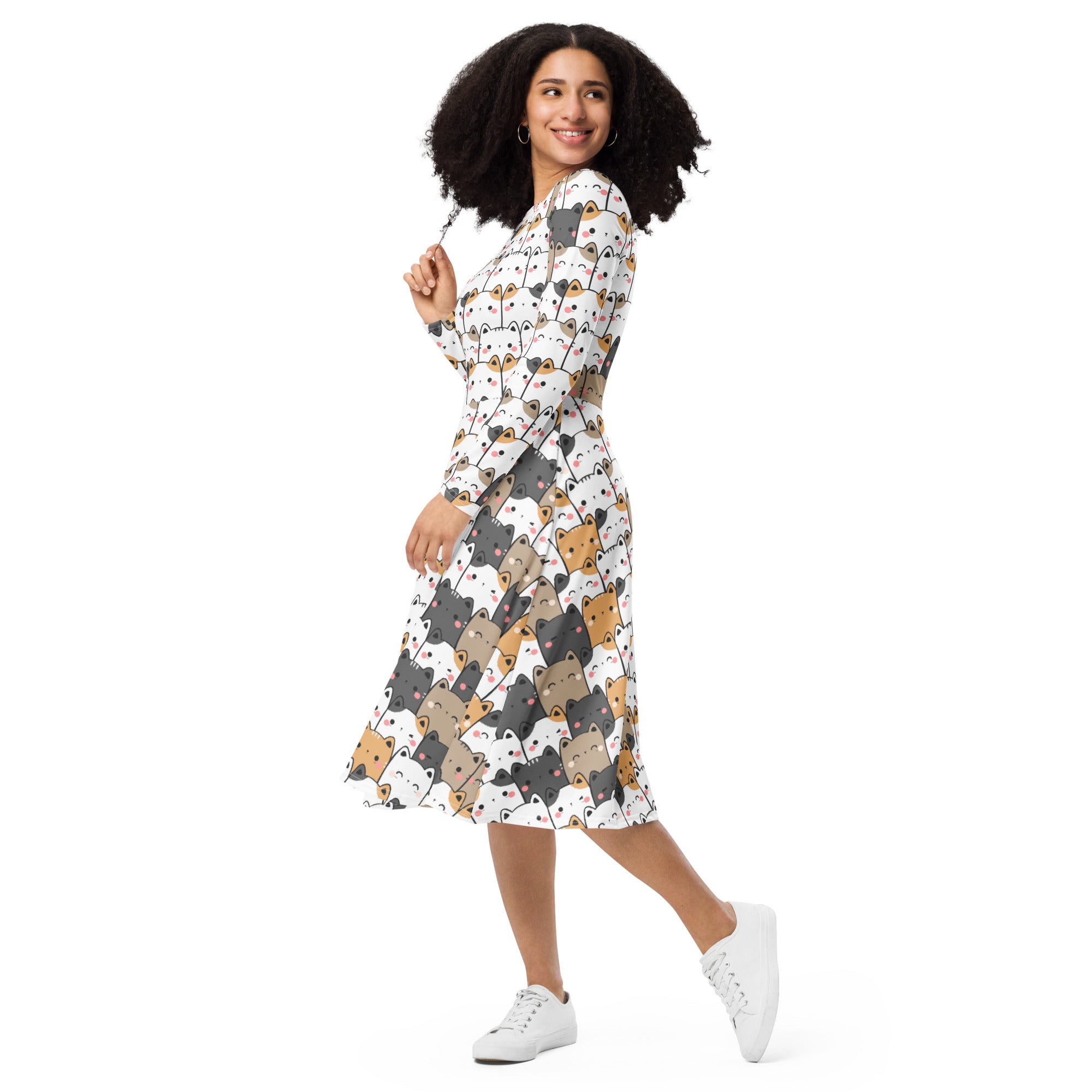 Women's Kawaii Cat Long Sleeve Midi Dress With Pockets