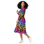 Women's Rainbow Leopard Long Sleeve Midi Dress With Pockets