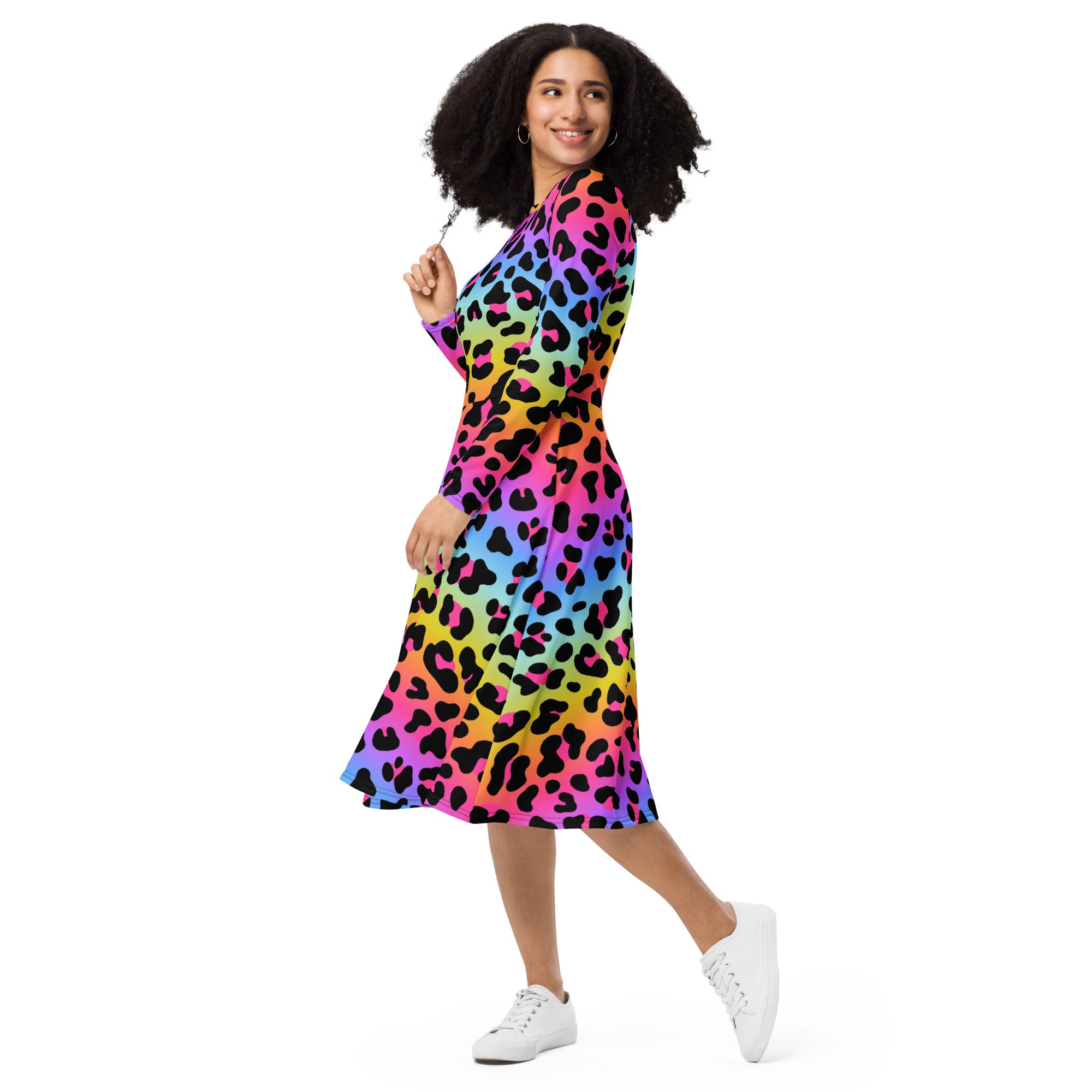 Women's Rainbow Leopard Long Sleeve Midi Dress With Pockets