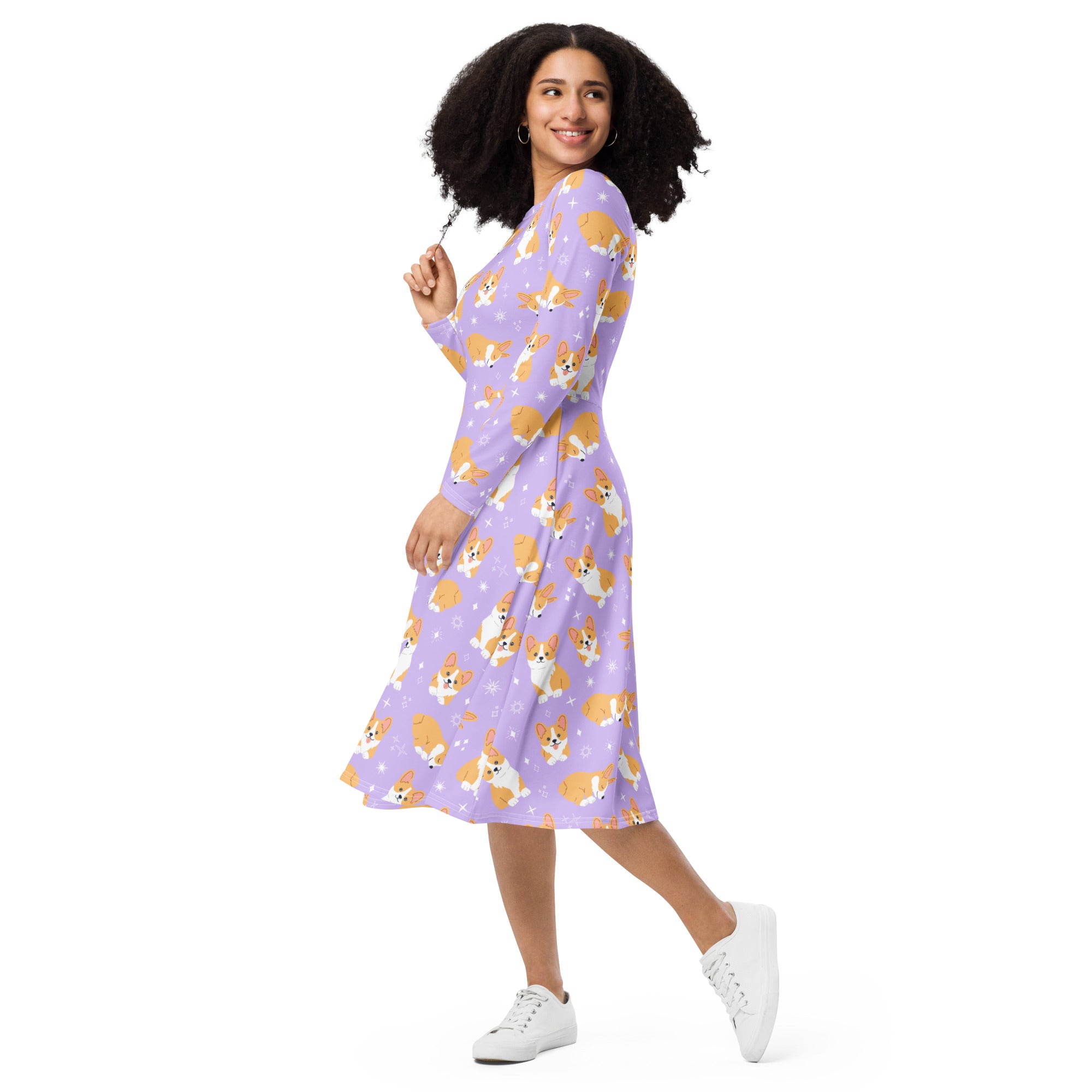 Women's Purple Corgi Dog Long Sleeve Midi Dress With Pockets