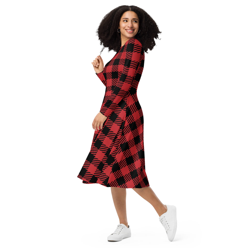 Women’s red and black buffalo plaid long sleeve wrap midi dress with pockets in soft fabric for casual wear