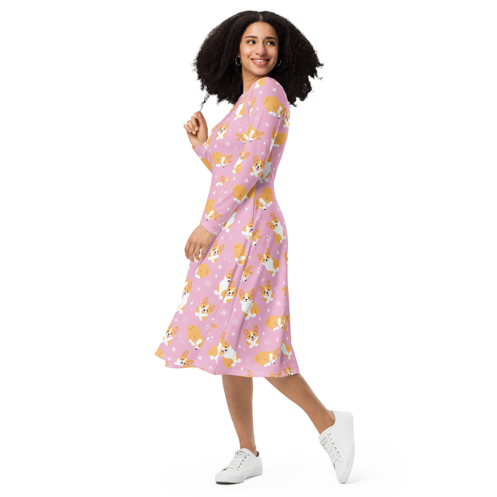 Women's Pink Corgi Dog Long Sleeve Midi Dress With Pockets