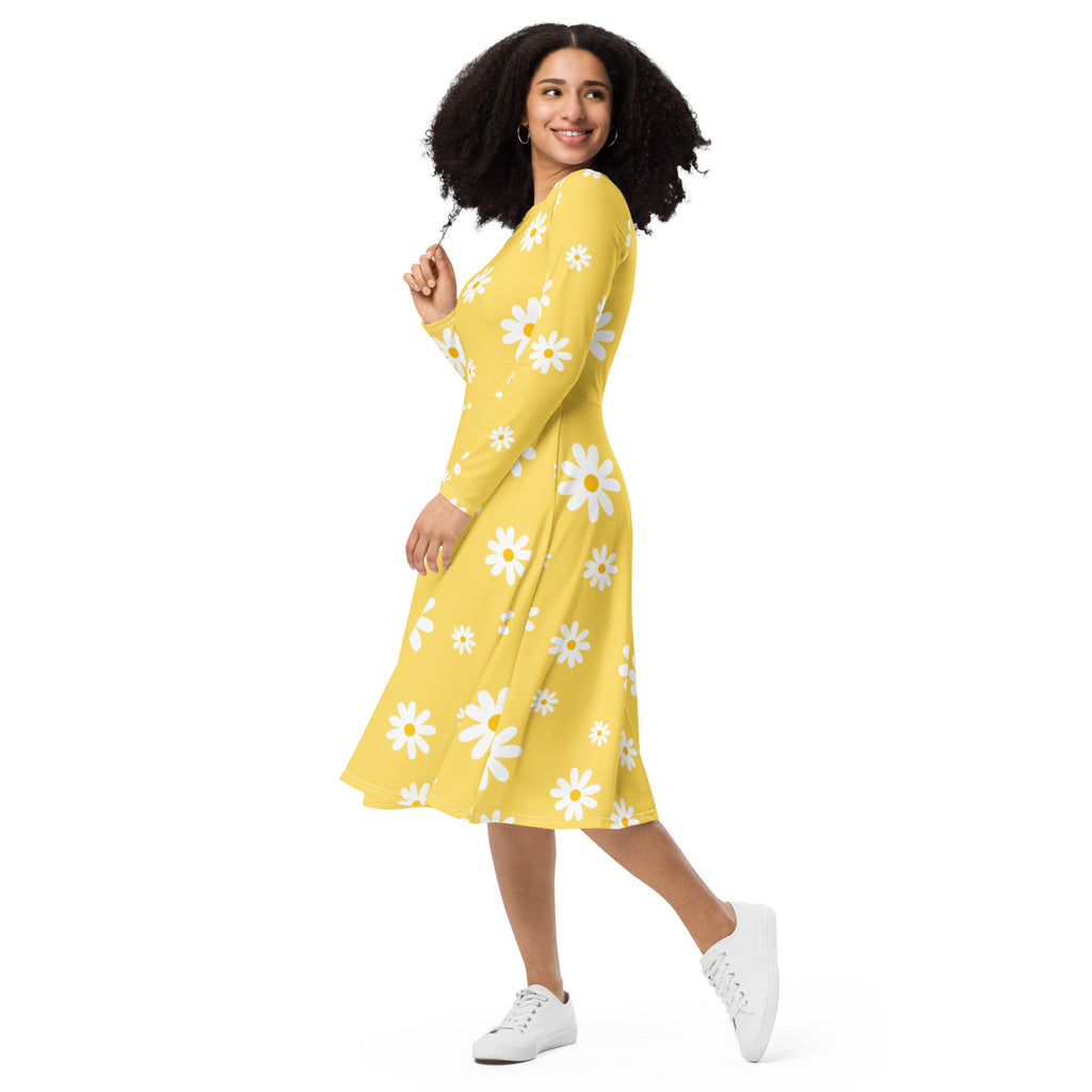 Women's Yellow Daisy Long Sleeve Midi Dress With Pockets