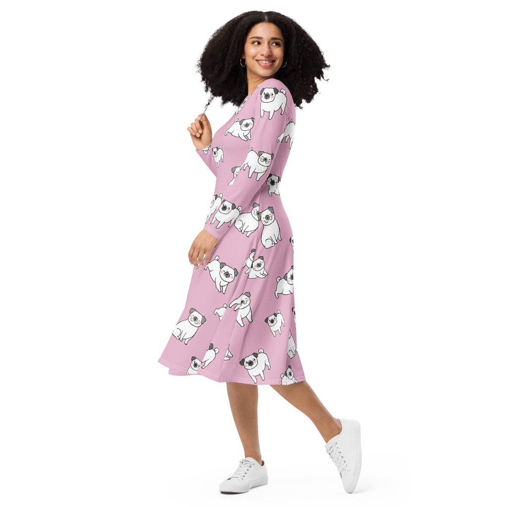 Women’s pink long sleeve midi dress with pockets featuring a playful pattern of white cartoon pugs