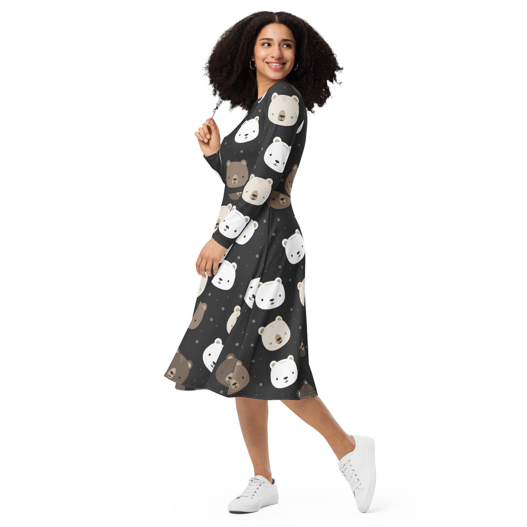 Women’s black midi dress with long sleeves featuring white and brown bear faces and small star accents with pockets