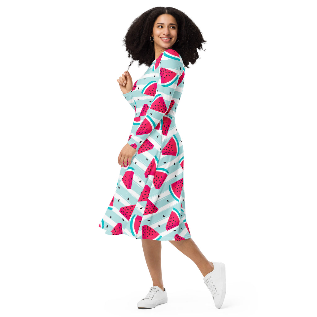 Women’s striped watermelon long sleeve midi dress with pockets featuring a vibrant wrap-style watermelon print in mint green pink and white
