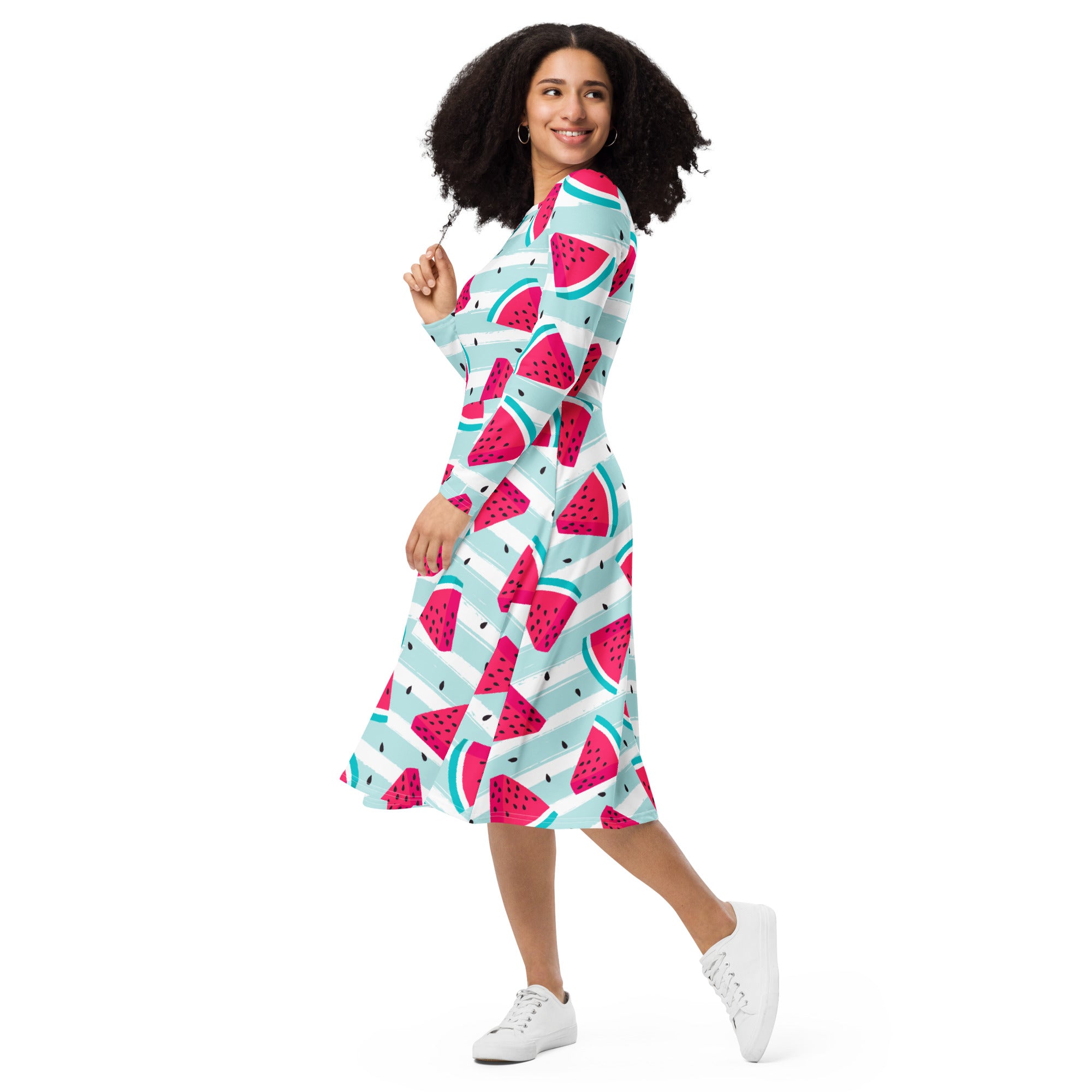 Women’s striped watermelon long sleeve midi dress with pockets featuring a vibrant wrap-style watermelon print in mint green pink and white