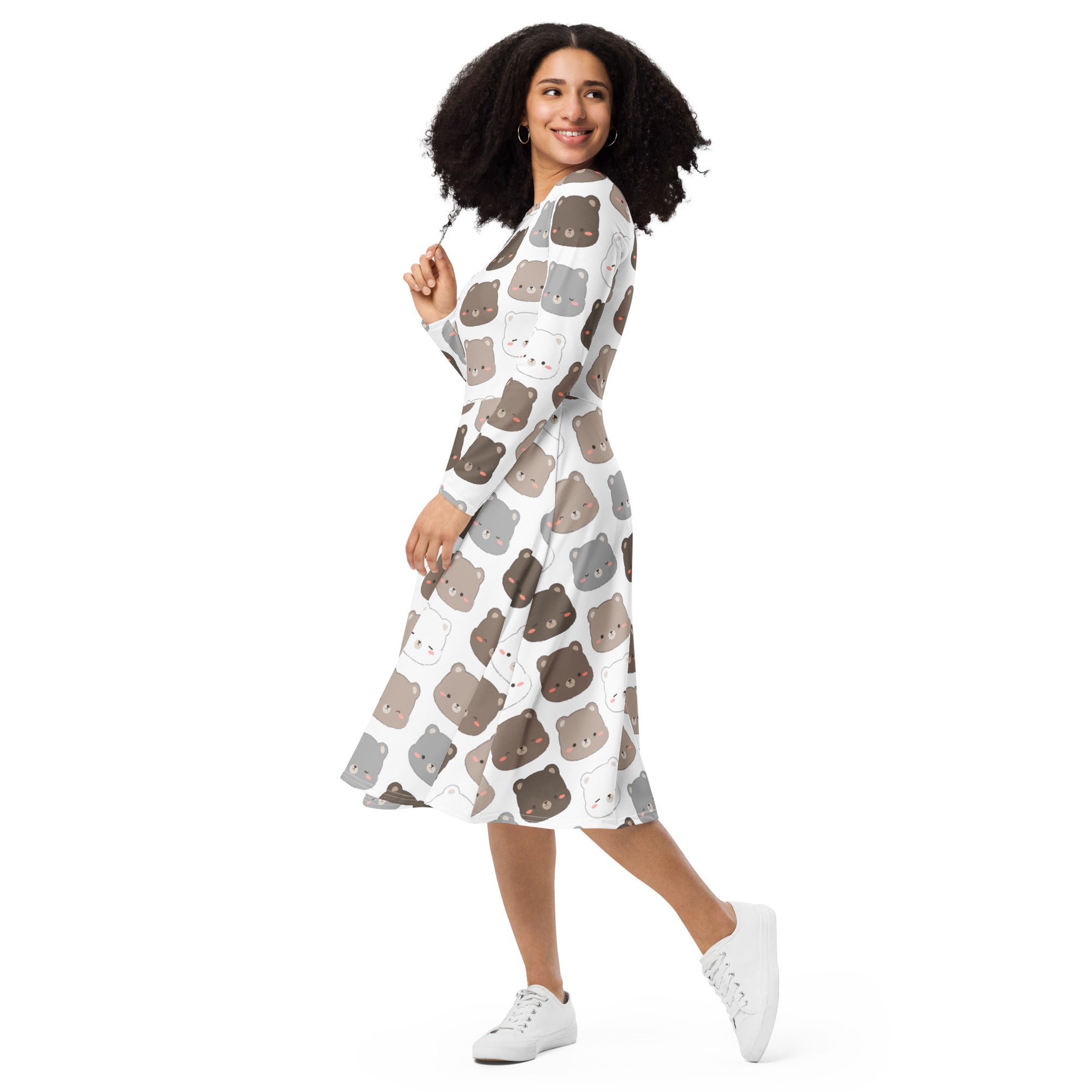 Women’s white long sleeve midi dress with cute brown and gray bear print and convenient pockets