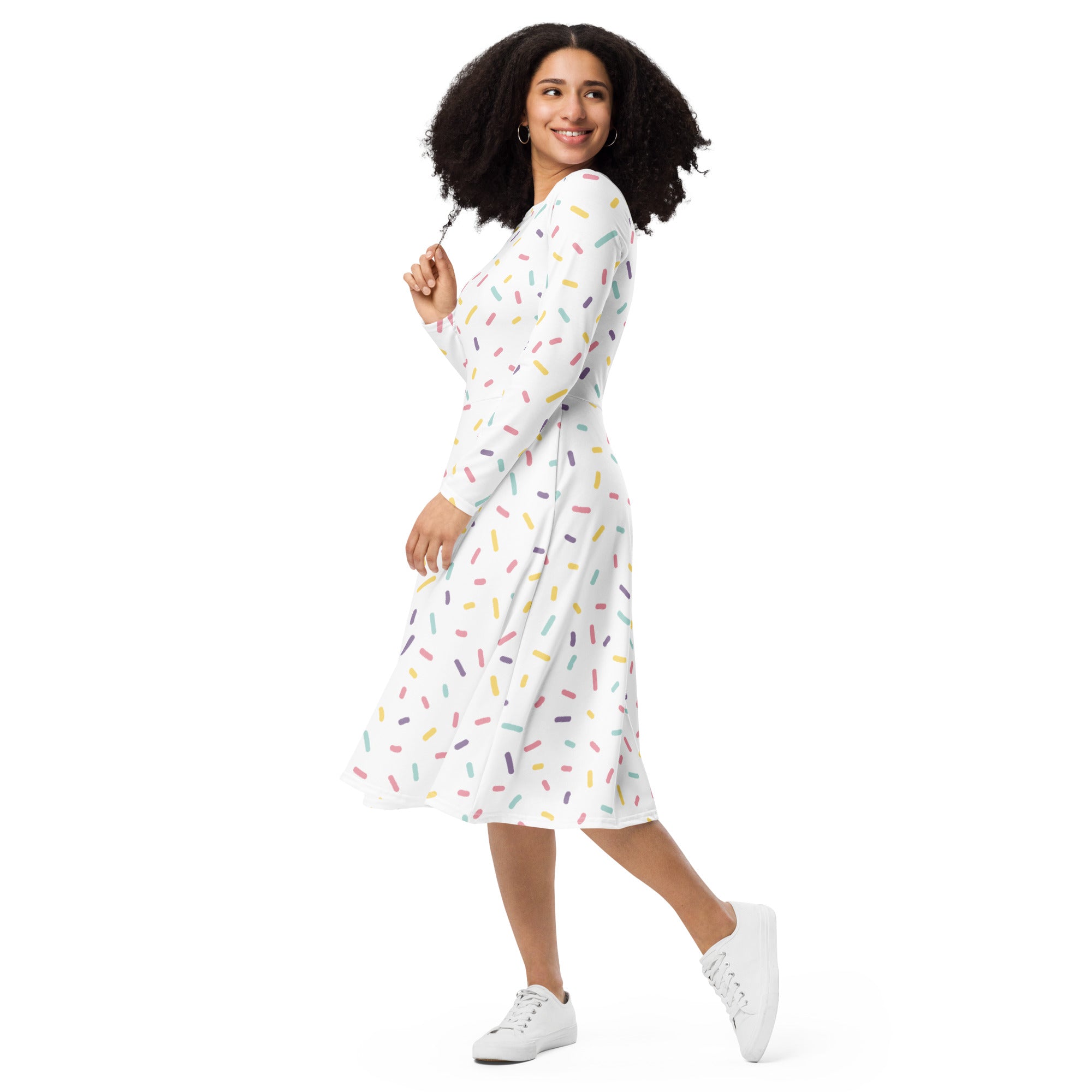 Women’s white long sleeve midi dress with colorful sprinkles pattern and pockets perfect for casual wear