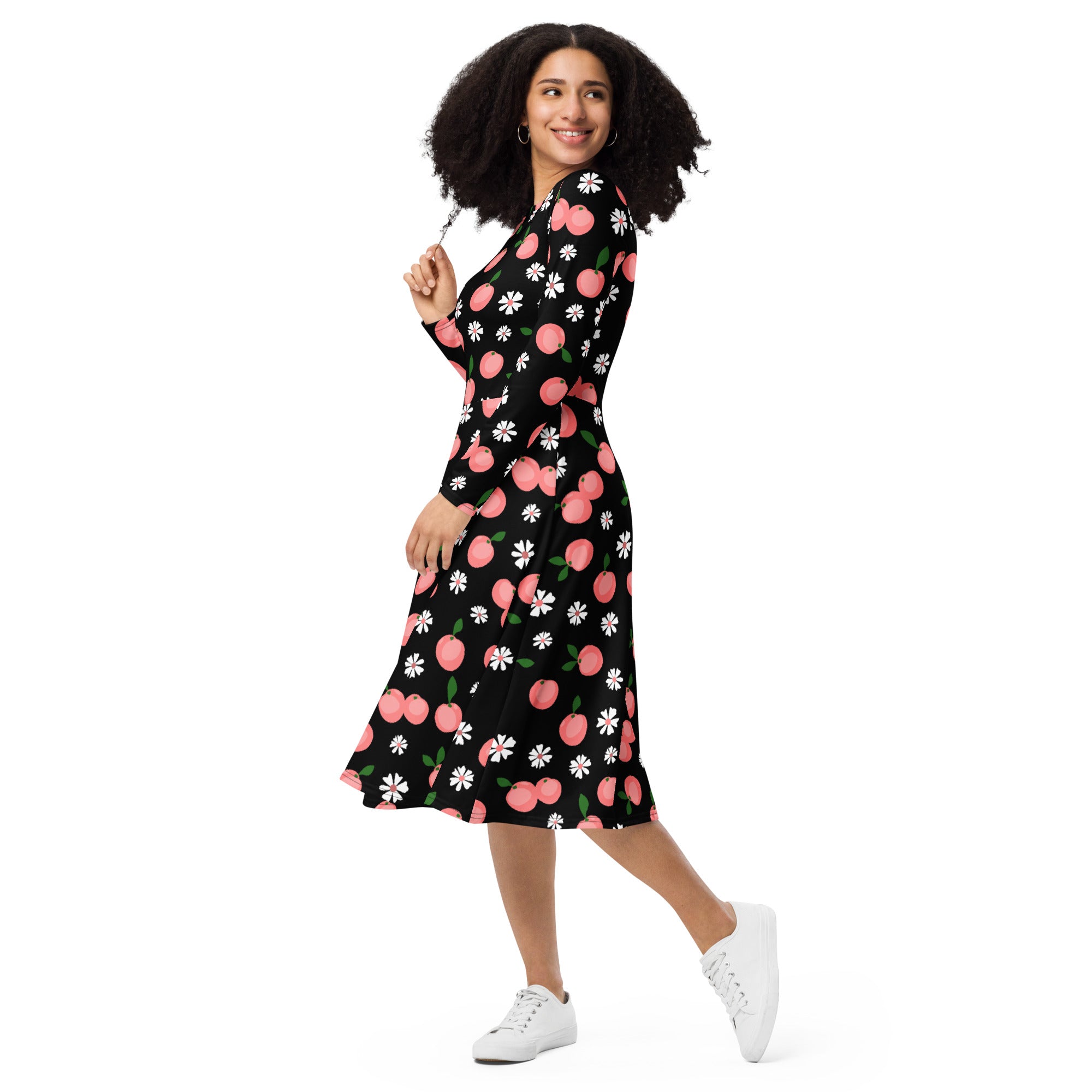 Women’s peach blossom long sleeve midi dress in black wrap style with pink cherries and white daisies pattern