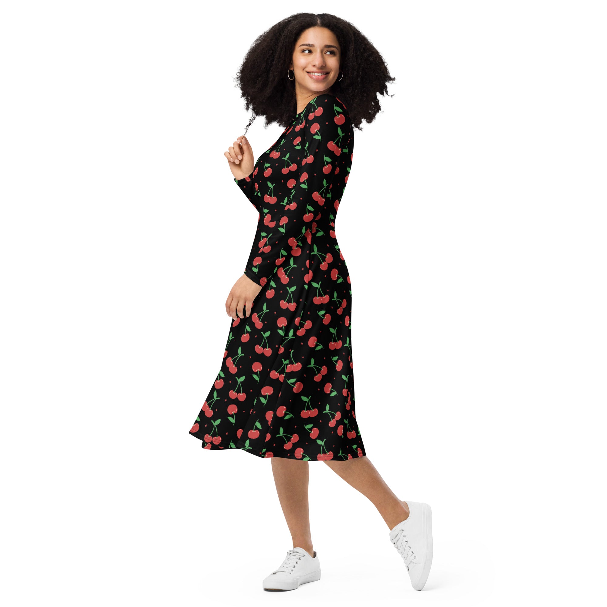 Women’s black cherry-print long sleeve midi wrap dress with pockets featuring red fruit and green stems