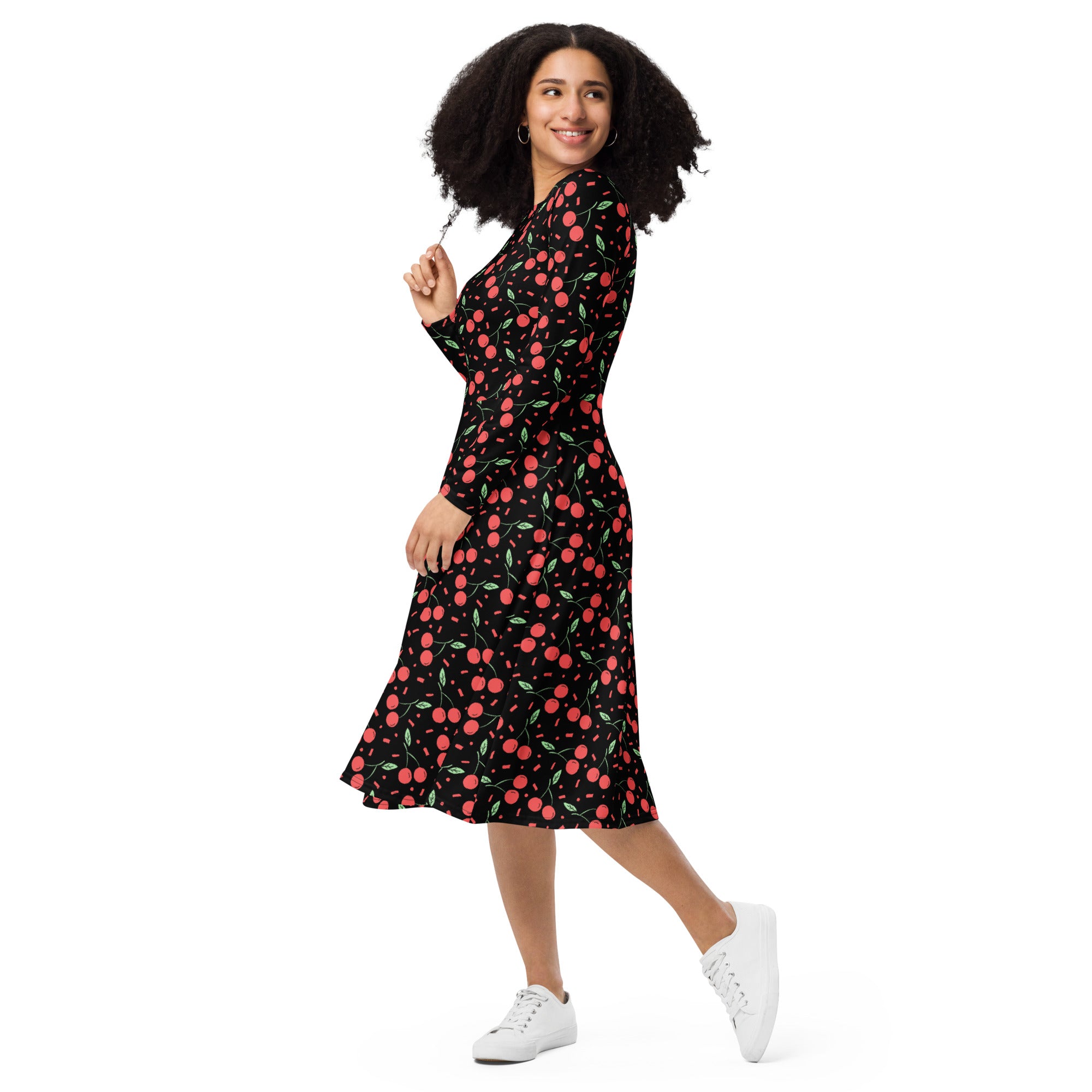 Black cherry print vintage midi dress with long sleeves v neckline and pockets for women