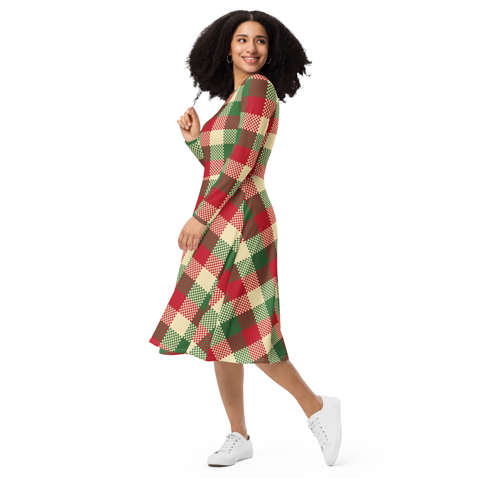 Women’s Christmas plaid long sleeve midi dress with pockets in red green and cream with fitted bodice and flared skirt