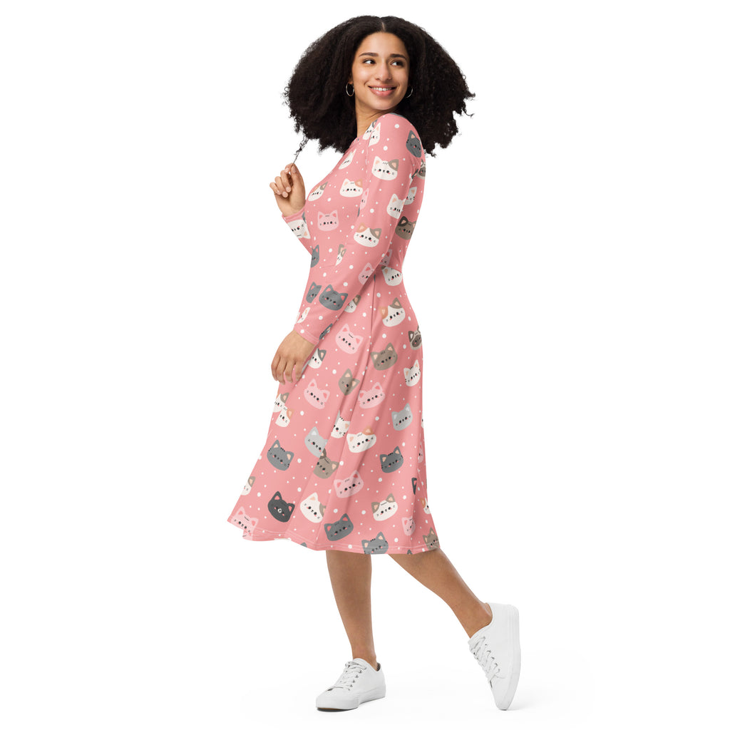 Women’s cute pink long sleeve midi dress with playful gray and white cartoon cat faces and small polka dots with pockets