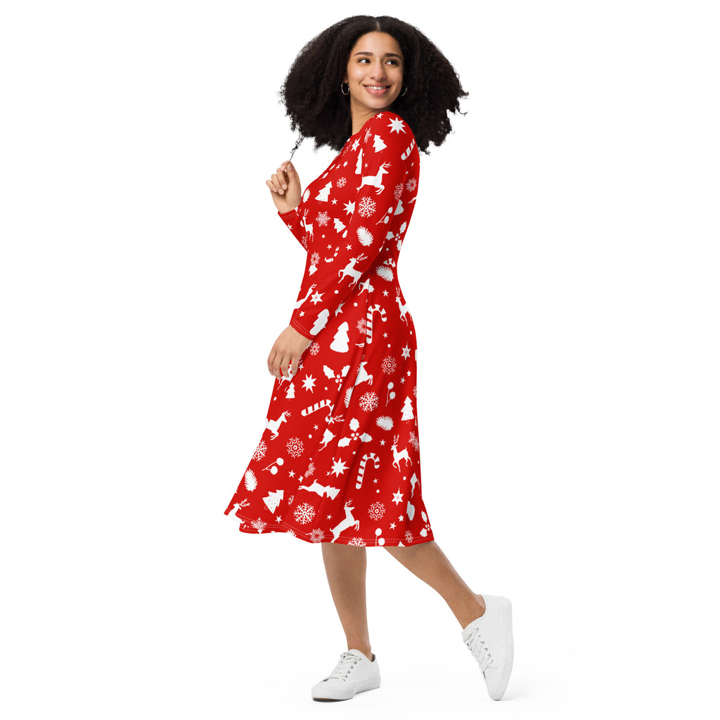 Women’s red christmas long sleeve midi dress with pockets featuring white reindeer snowflakes candy canes and trees