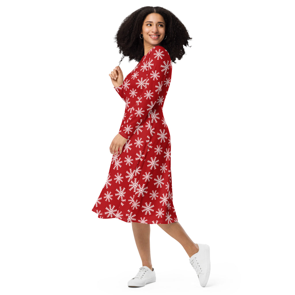 Women’s red long sleeve midi wrap dress with white snowflake pattern and pockets perfect for christmas events