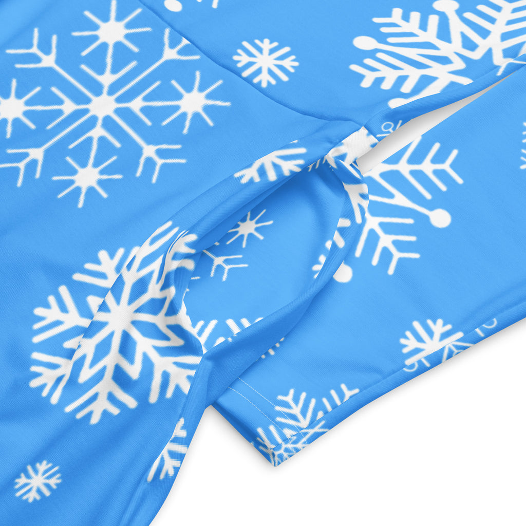 Women’s blue snowflake long sleeve midi dress with pockets featuring white snowflake patterns on fabric