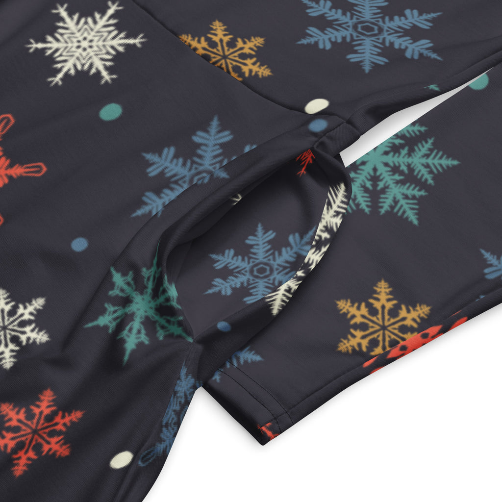 Women’s dark navy long sleeve midi dress with colorful snowflake pattern and pockets perfect for festive occasions