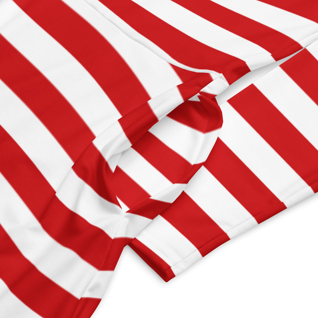 Women’s red and white striped long sleeve midi dress fabric with a smooth slightly glossy texture and pockets